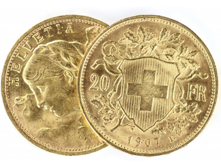 Une pièce d'or 20 Francs Suisse de 1907